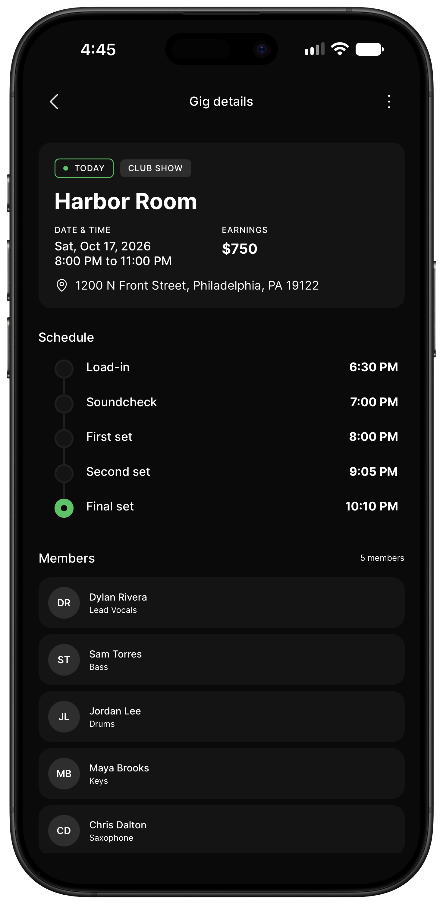 GreenRoom Harbor Room gig details in an iPhone 16 Pro Max, showing the venue, address, event times, day-of schedule, and band members.